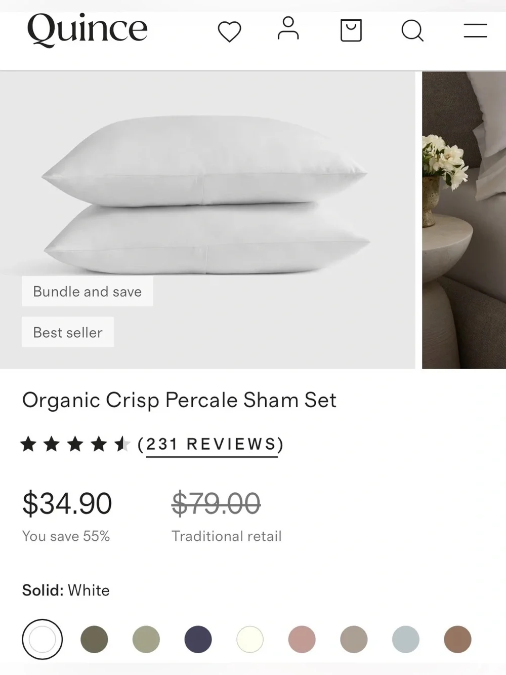 NWT Quince Organic Crisp Percale Sham Set, Standard (White)